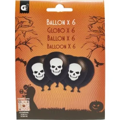 Ballon gonflable latex noir imprimé tête de mort blanc x6