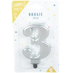 Bougie anniversaire chiffre 3 mat argenté