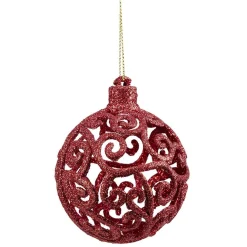 Boule de Noël ajourée motif arabesque pailleté rouge Ø8 cm x3