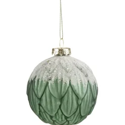 Boule de Noël en verre décor feuillage vert et givre Ø8cm