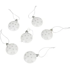 Boule de Noël plate blanche motif étoiles argentées x6