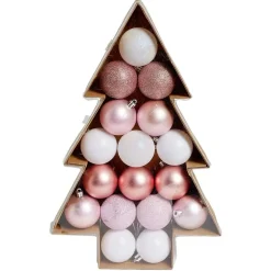 Boule de Noël rose et blanche x17 dans boîte sapin