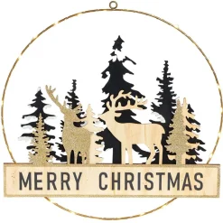 Couronne de Noël lumineuse métal et bois doré à suspendre