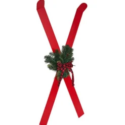 Décoration à poser ski bois rouge x2