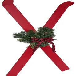 Décoration à poser ski bois rouge x2