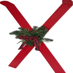 Décoration à poser ski bois rouge x2