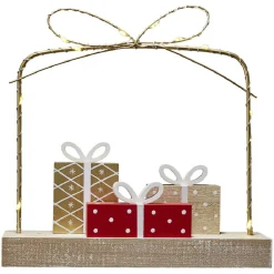 Décoration cadeaux lumineux sur socle bois 10 LED blanc chaud H18,5 cm