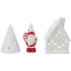 Décoration lumineuse de Noël Père Noël maisonnette porcelaine rouge et blanc x3