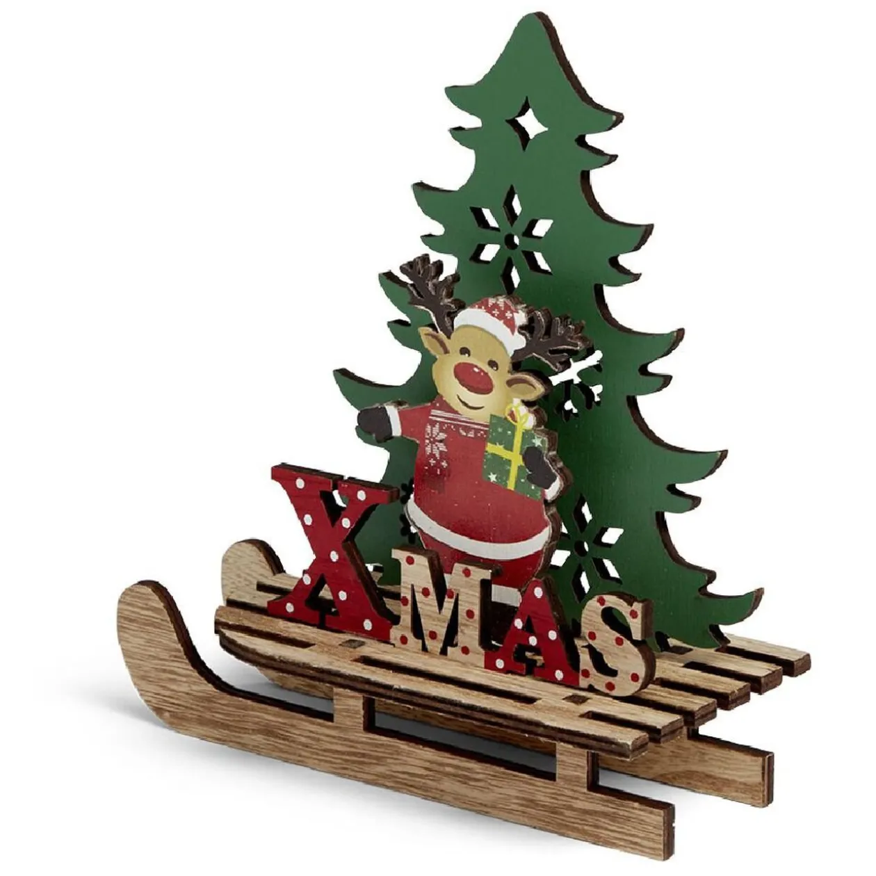 Décoration Noël à poser en bois luge avec Père Noël ou renne H19cm