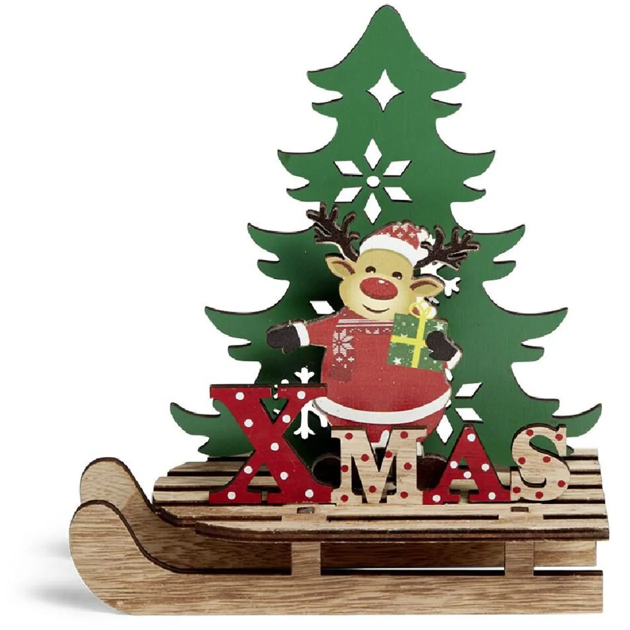 Décoration Noël à poser en bois luge avec Père Noël ou renne H19cm