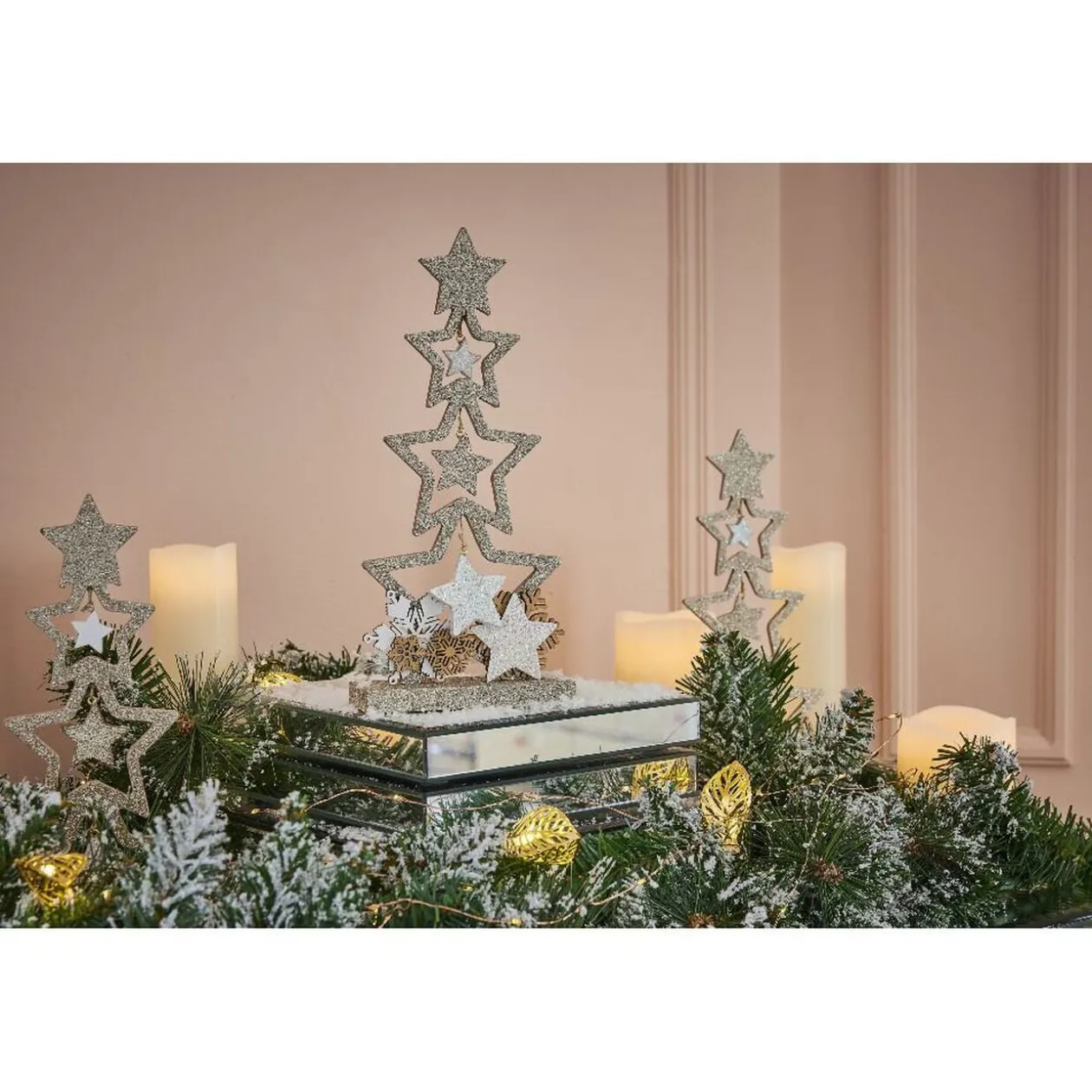 Décoration sapin en bois forme étoile pailleté doré 12xH26cm