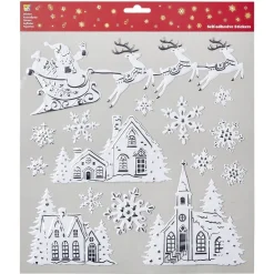 Décoration stickers de Noël motif 3D village et Père Noël blanc argent