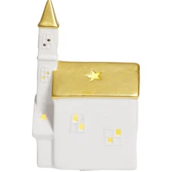 Église lumineuse déco Noël 1LED céramique blanc et doré H19cm
