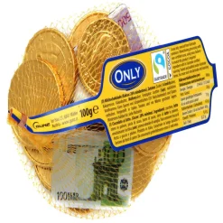 Lot de pièces dorées et billets en chocolat au lait 100Gr dans filet