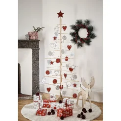 Lot sapin de Noël en bois et 30 décorations