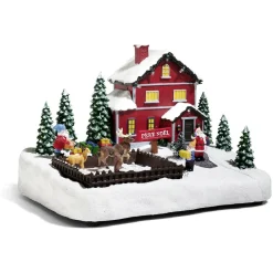 Maison du Père Noël lumineuse avec lutin et renne 13 LED en résine