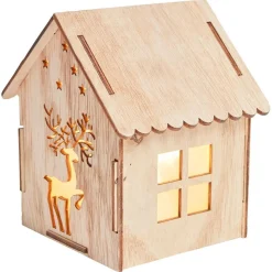 Maison lumineuse Noël en bois motif cerf 5LED blanc chaud H10,5cm