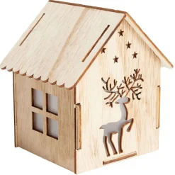 Maison lumineuse Noël en bois motif cerf 5LED blanc chaud H10,5cm