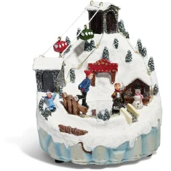 Montagne enneigée lumineuse luge bonhomme de neige 16 LED en résine