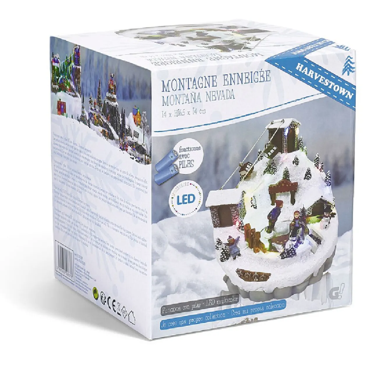 Montagne enneigée lumineuse luge bonhomme de neige 16 LED en résine
