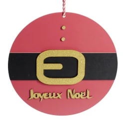 Pancarte Joyeux Noël en bois ceinture rouge et noire Ø30cm