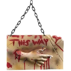 Panneau à suspendre Halloween This way main coupée ensanglantée