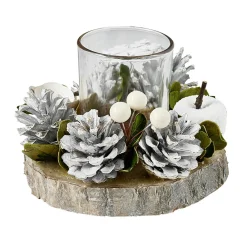 Photophore Noël rondin de bois pomme de pin blanc