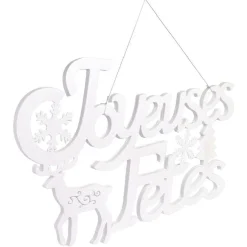 Plaque Joyeuses Fêtes à suspendre 59xH35cm blanc iridescent