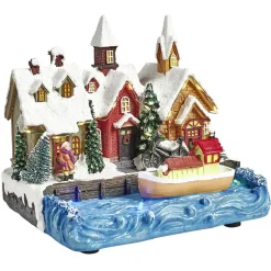 Port lumineux avec bâteau fleuve et habitations Village de Noël