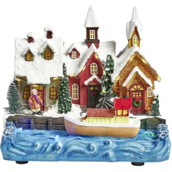 Port lumineux avec bâteau fleuve et habitations Village de Noël