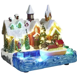 Port lumineux avec bâteau fleuve et habitations Village de Noël