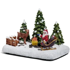 Père Noël et renne lumineux feu de bois sur la neige 4 LED en résine