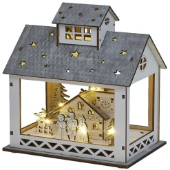 Scène lumineuse maison de Noël en bois 8LED blanc chaud 16,5x12xH24,5cm