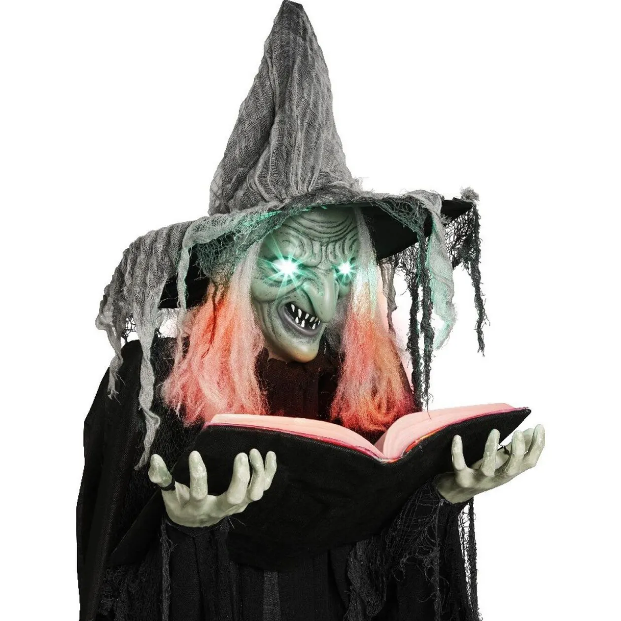 Sorcière debout tenant un livre lumineuse et sonore