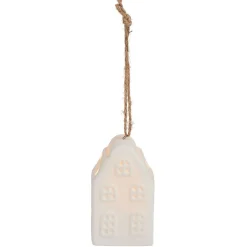Suspension de Noël lumineuse forme maison céramique blanche 1LED blanc chaud H7,5cm