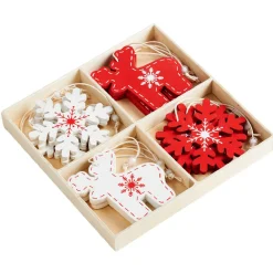 Suspension Noël motifs flocon et cerf blanche et rouge x12