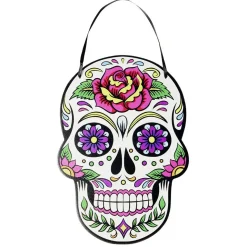 Tête de mort Halloween à suspendre style mexicain en bois